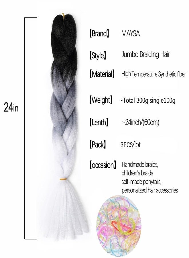 MAYSA Black and White Braiding Hair Pre stretched Extensions Ombre Braiding Hair 24inch 3Pcs Jumbo Hair Synthetic Extensions # Black-grey-white - Image 2